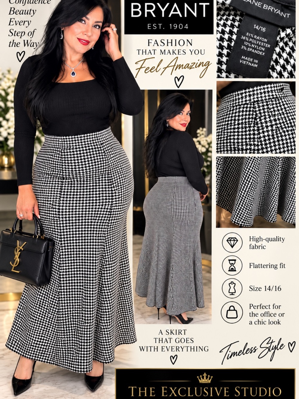 Lane Bryant Black and White Houndstooth Flared Maxi Skirt